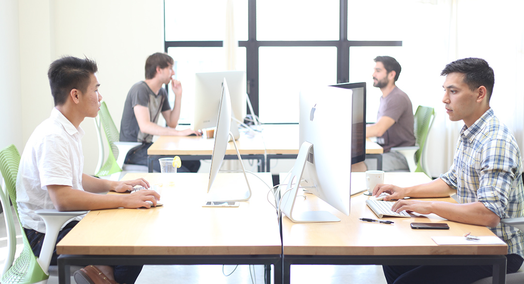 Colleagues working at shared desks in an office